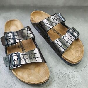 Birkenstock Arizona Gator Gleam Sandals EU 39 US 8 Metallic Croc Embossed Slides